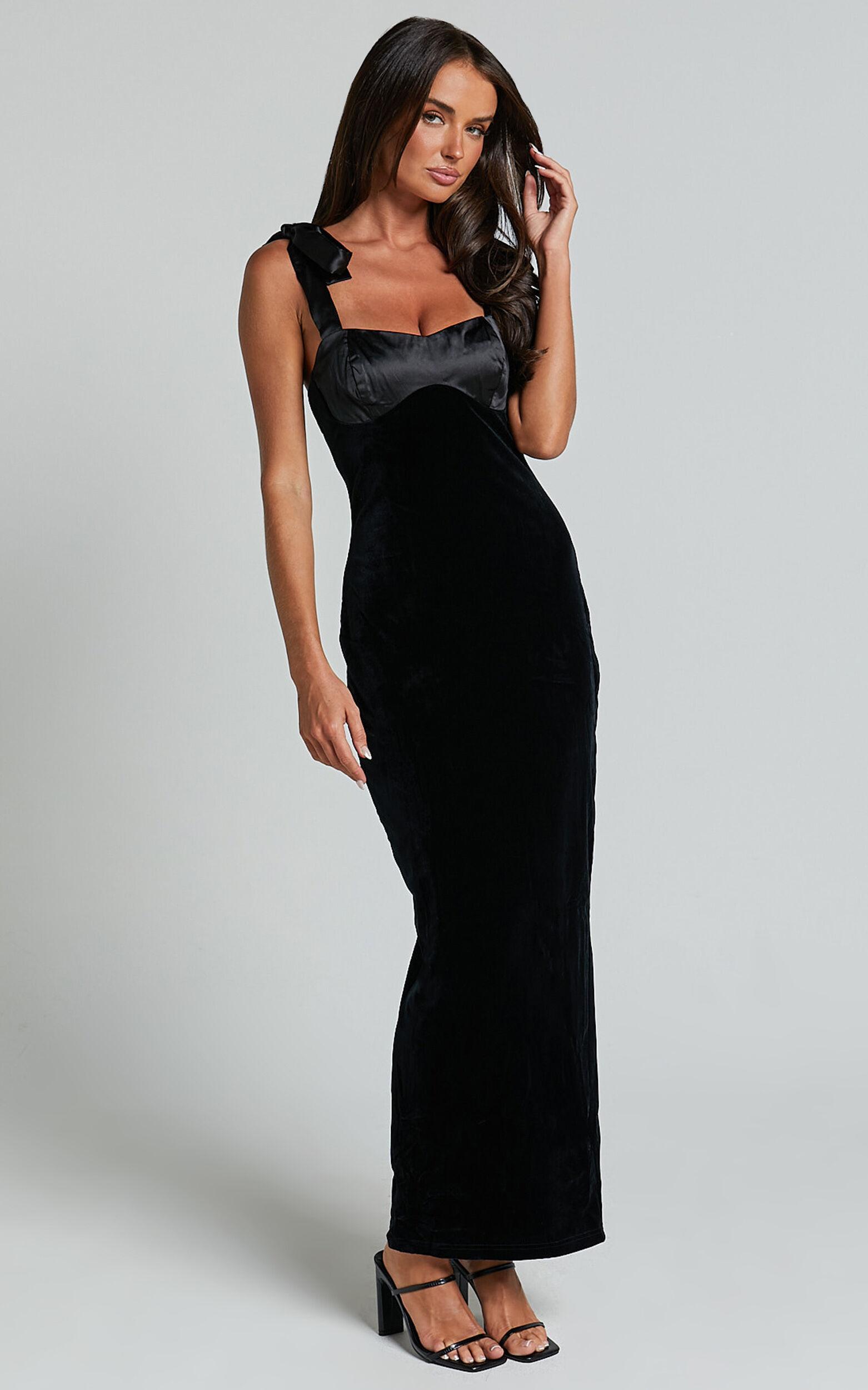 Michelle Midi Dress - Tie Shoulder Satin Bust Detail Velvet Dress in Black Product Image