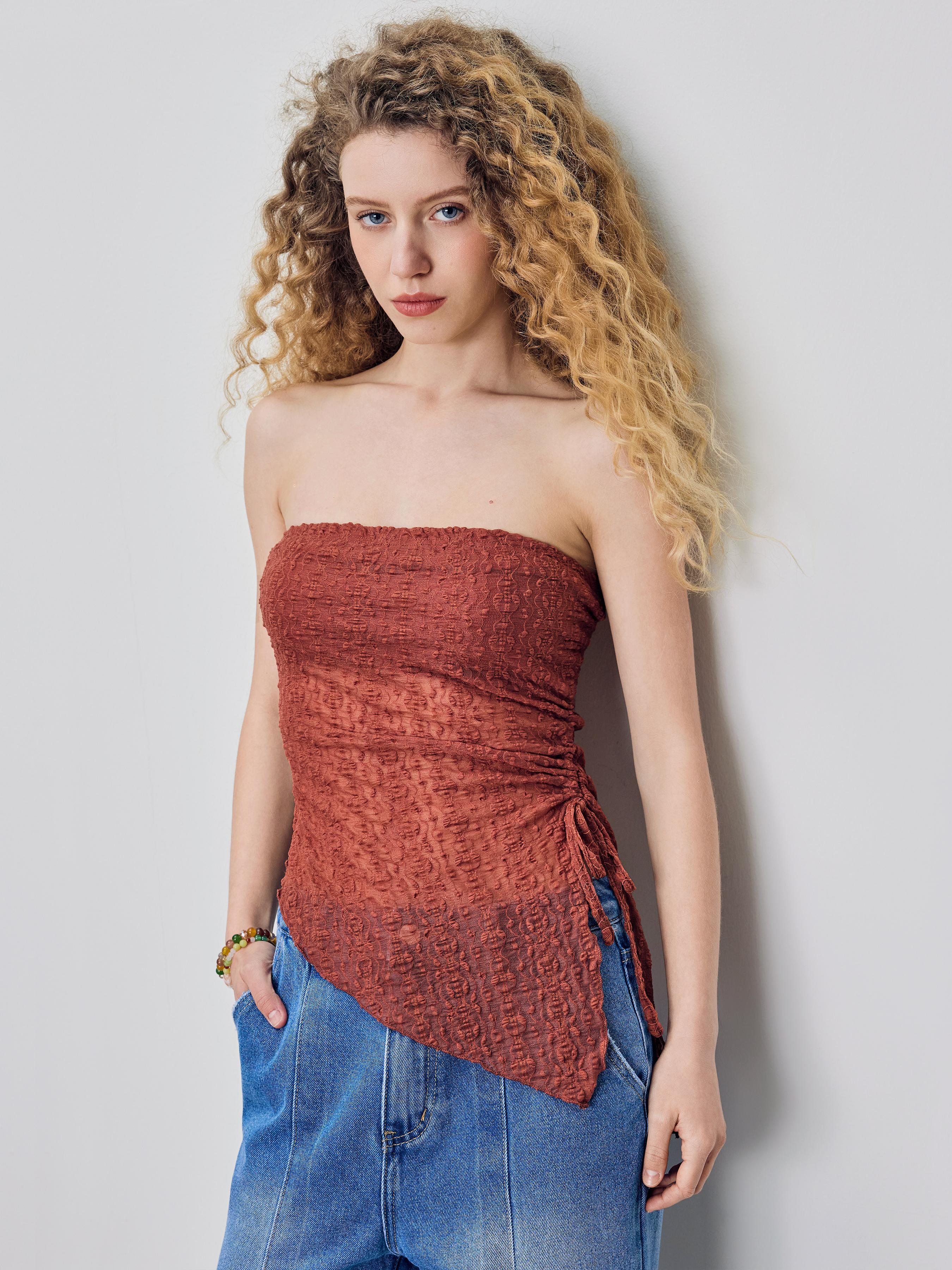 Texture Drawstring Asymmetrical Hem Tube Top Product Image