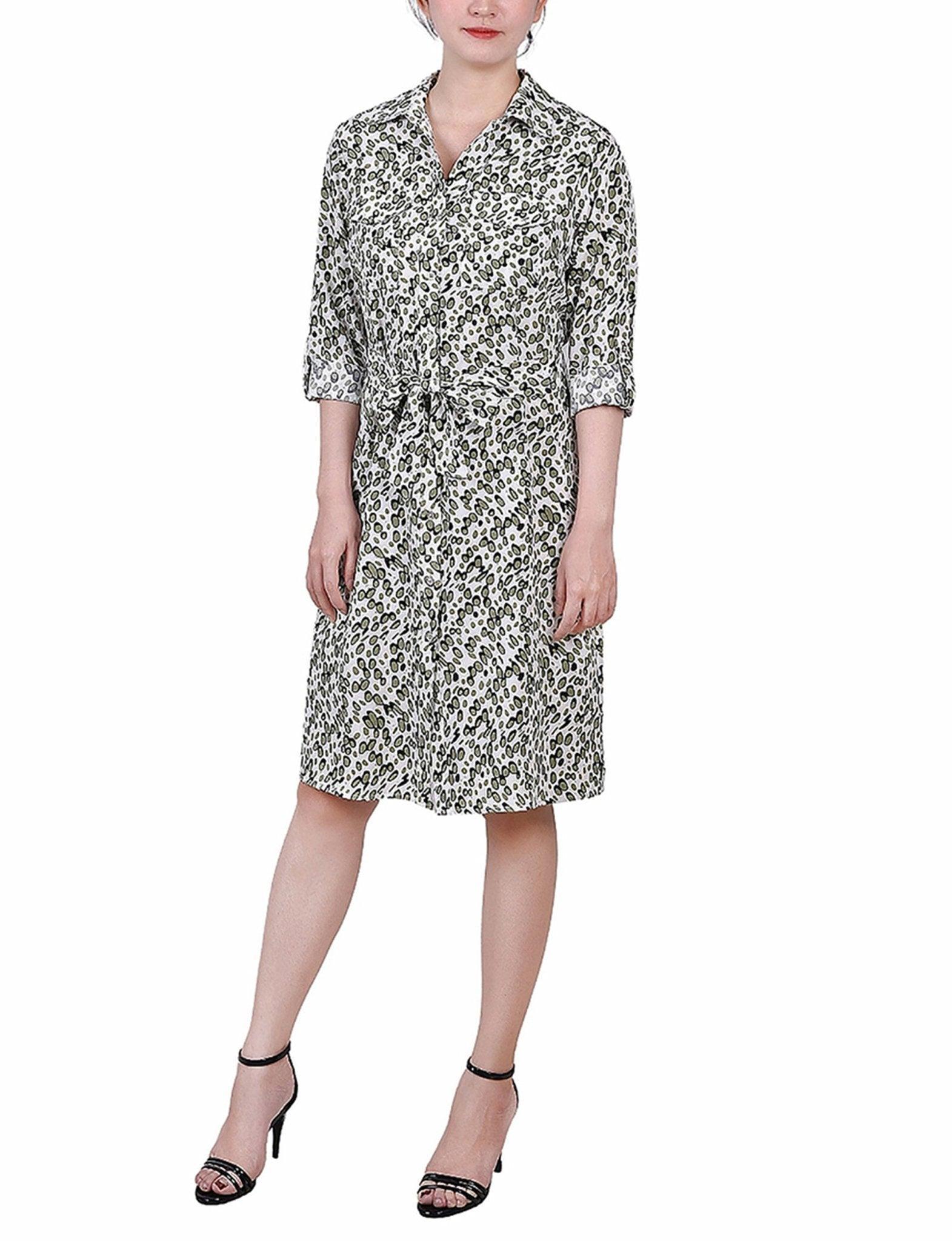 3/4 Length Roll Tab Sleeve Belted Shirtdress - Petite Product Image