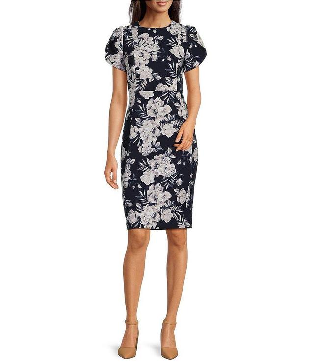 Calvin Klein Short Sleeve Crew Neck Floral Scuba Crepe Dress Product Image