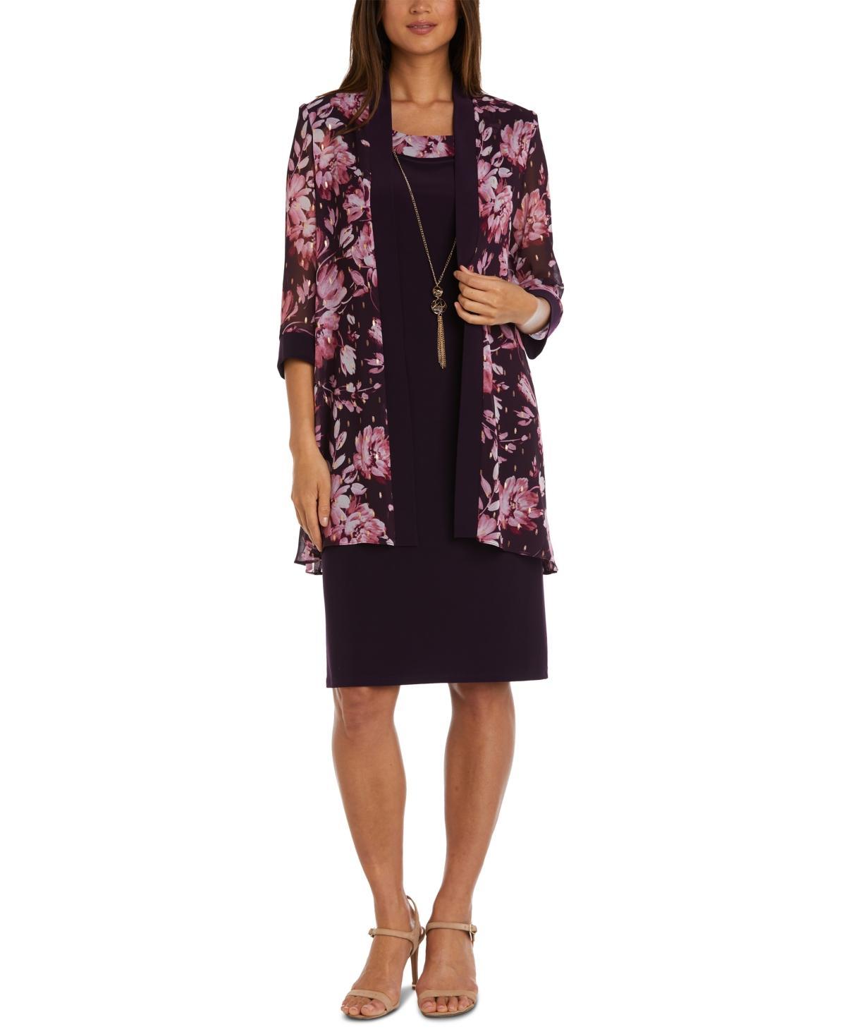 R & M Richards Womens Necklace Dress & Foil-Print Jacket Product Image