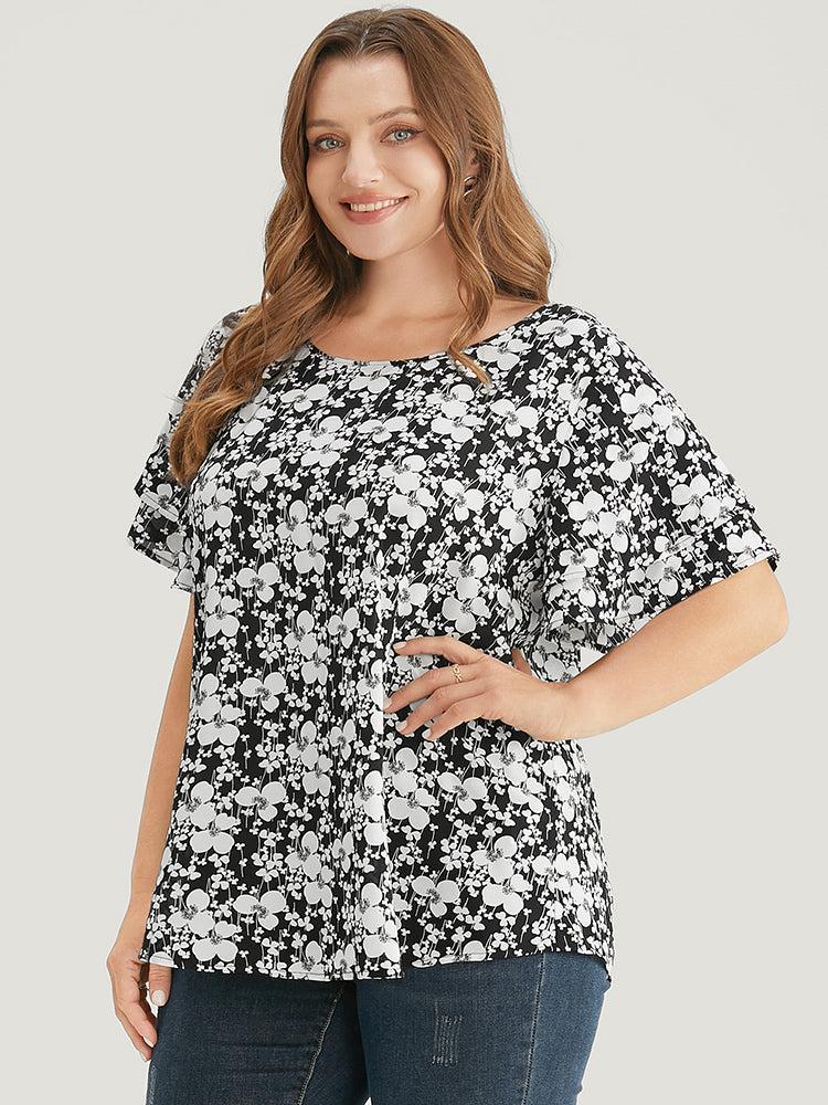 Ditsy Floral Tiered Sleeve Round Neck Ruffle Blouse Female Product Image