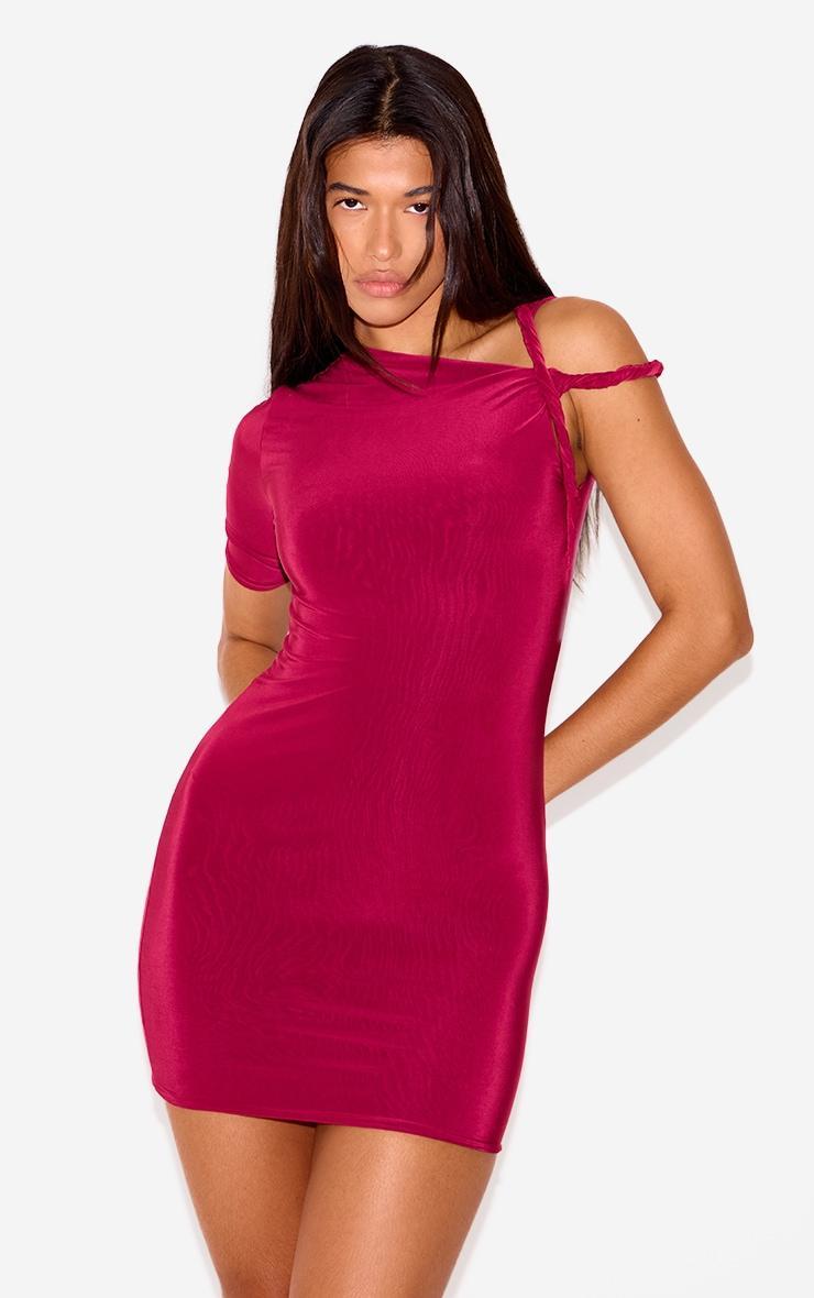 Burgundy Slinky Twist Shoulder Bodycon Dress Product Image