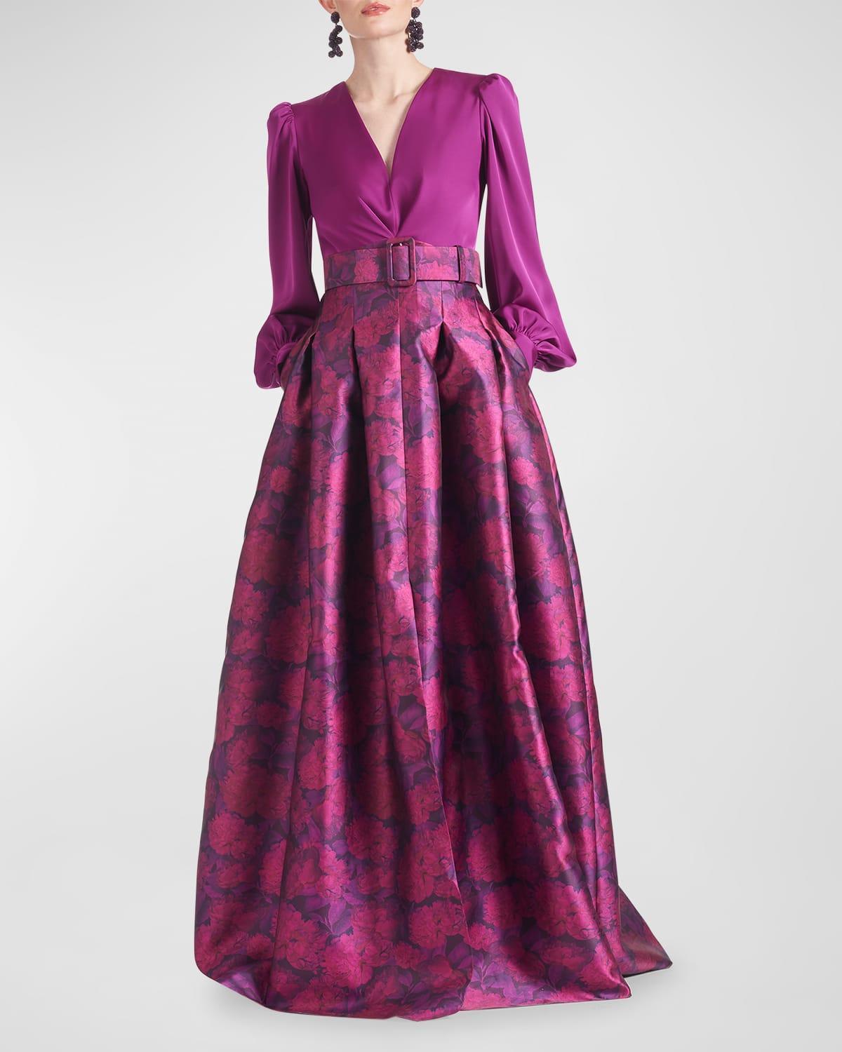 Zoe Belted Floral-Print Blouson-Sleeve Gown Product Image