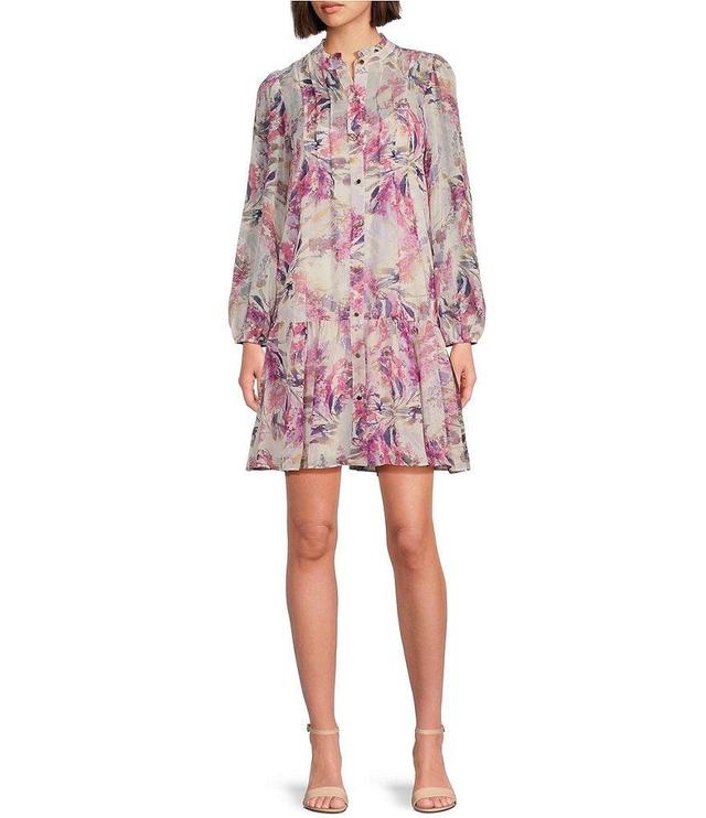 Julia Jordan Printed Chiffon Ruffled Mock Neck Long Puff Sleeve Dress Product Image