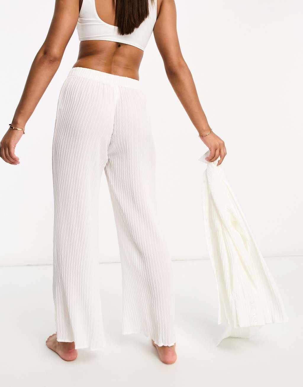 The Frolic exclusive tourmaline shirred wide long pants in white pleated texture - part of a set  Product Image