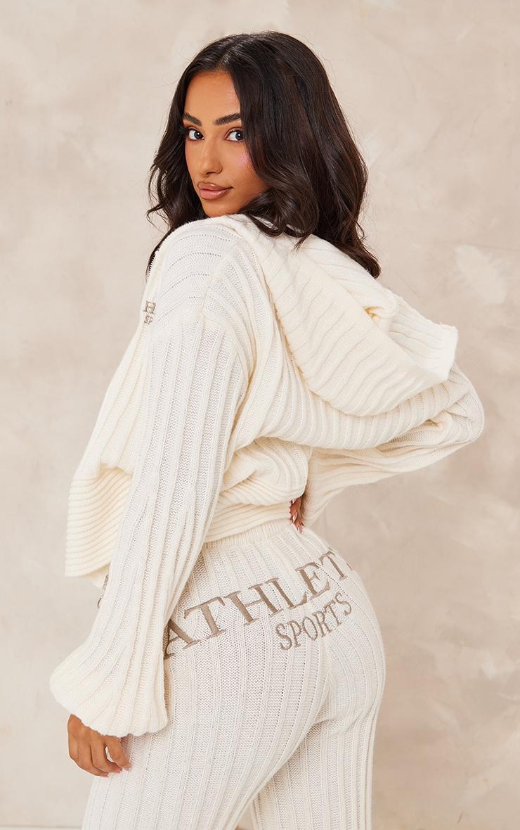 Petite Cream Athletic Sport Embroidered Knit Zip Up Cropped Cardigan Product Image