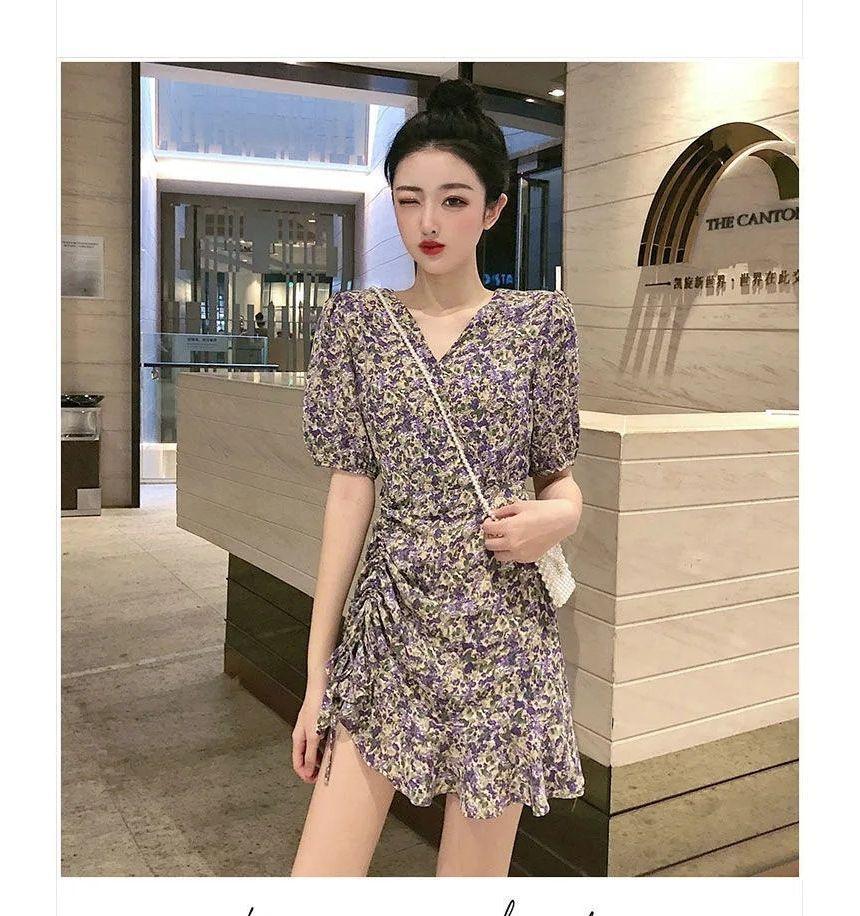 Puff Sleeve V-Neck Floral Drawstring Ruched Asymmetric Mini Dress Product Image