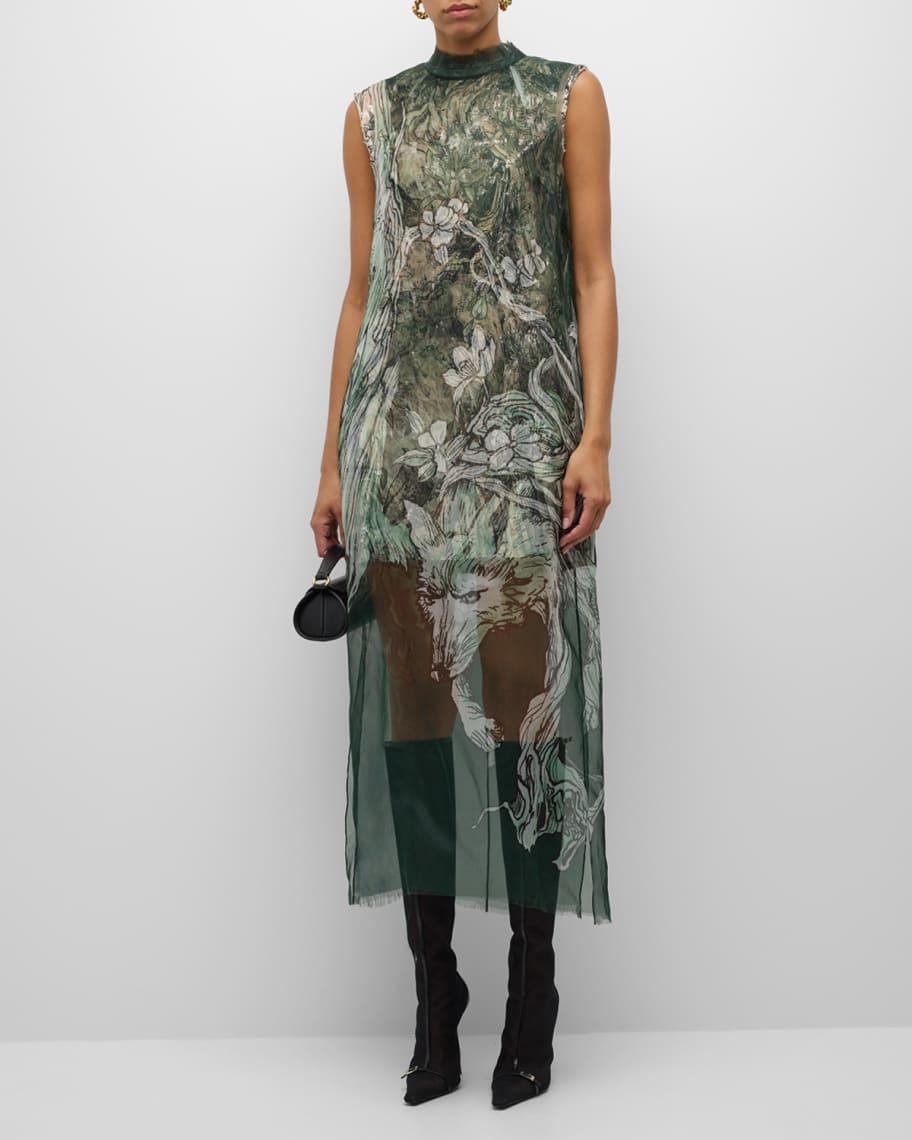 Printed Organza Sleeveless Midi Dress With Crinkle Foil Lining Product Image