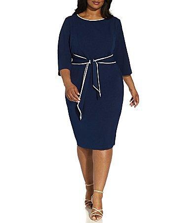 Adrianna Papell Plus Size Crew Neck 34 Sleeve Crepe Tie Waist Sheath Dress Product Image