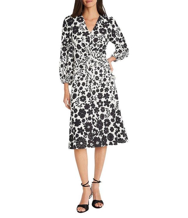 Maggy London Stretch Crepe Floral Print V-Neck Long Sleeve Twist Front Midi Dress Product Image