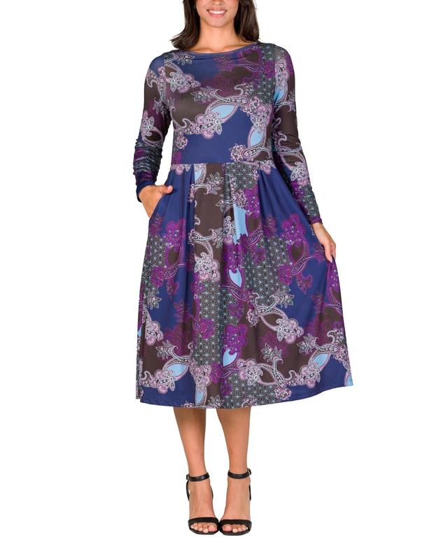 24seven Comfort Apparel Womens Purple Paisley Midi Length Long Sleeve Pocket Dress Product Image