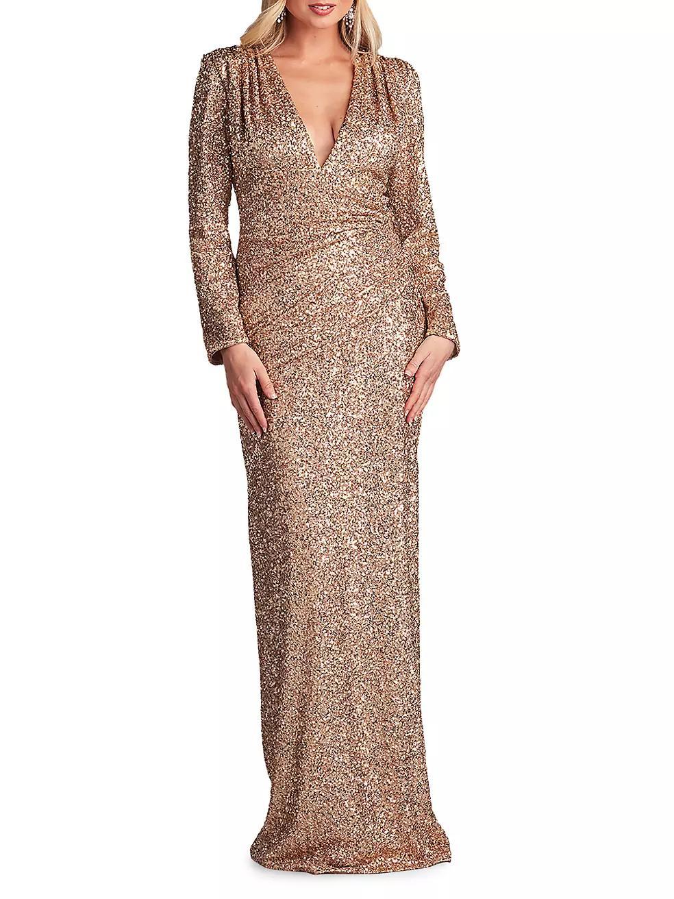 Long Sleeve Sequined V-Neck Gown Product Image