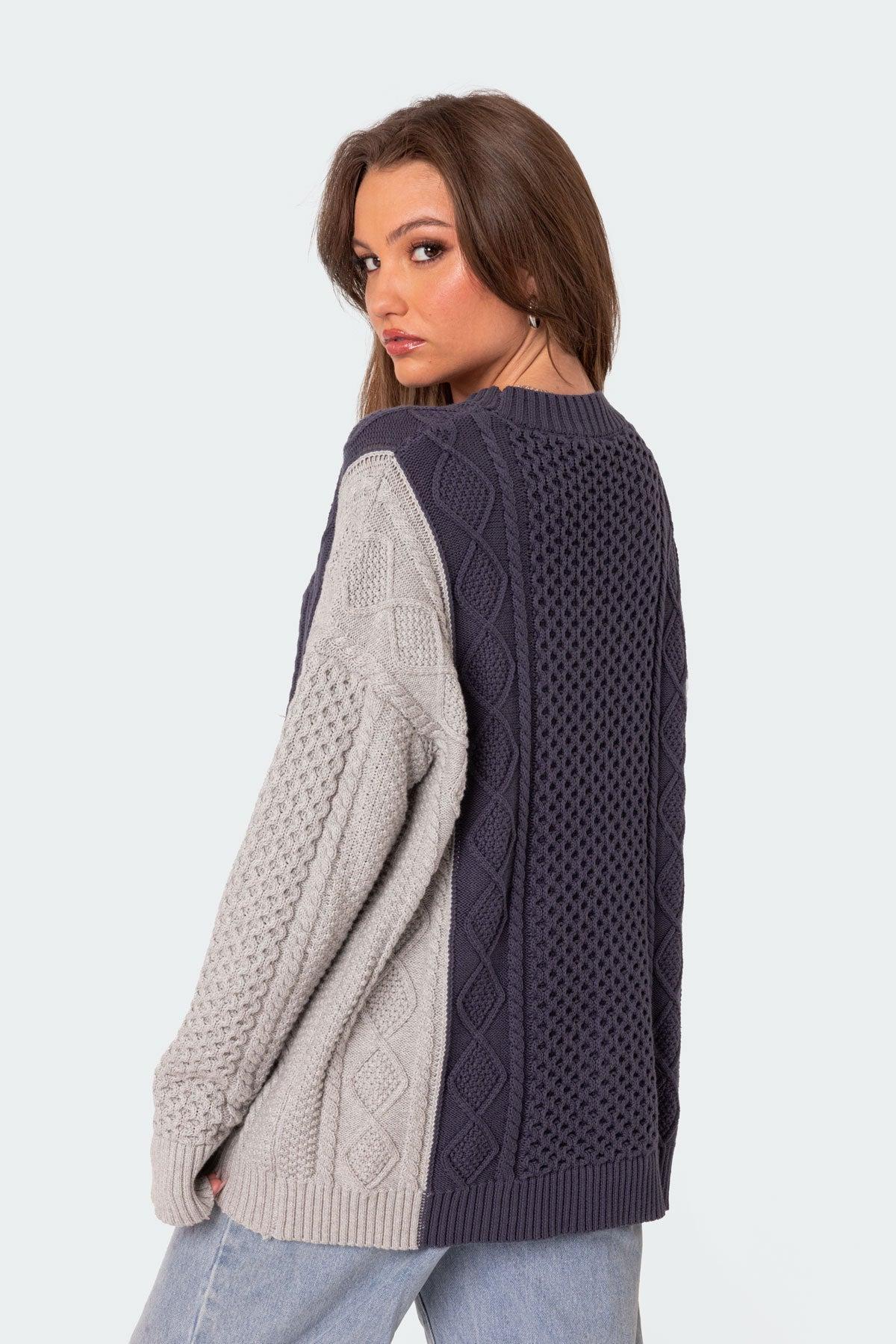 Two Tone Oversized Cable Knit Sweater Product Image