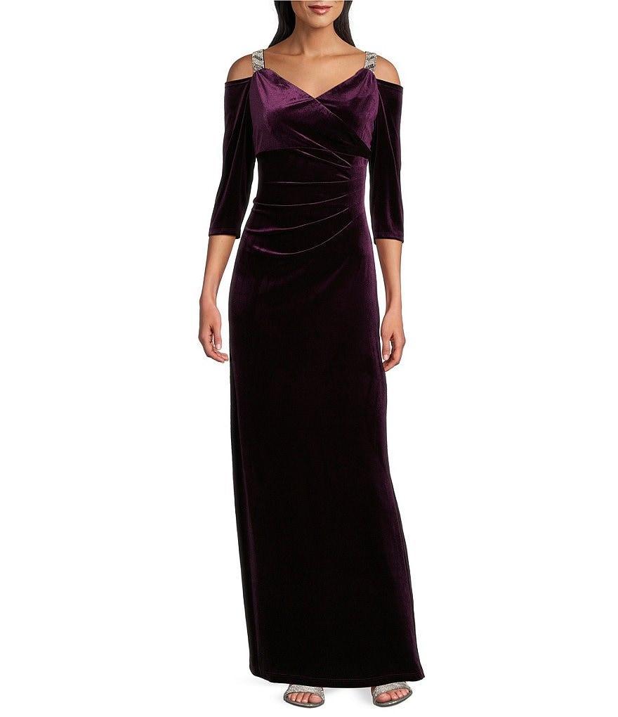 R & M Richards Stretch Velvet Rhinestone Cold Shoulder Sweetheart Neck 3/4 Sleeve Gown Product Image