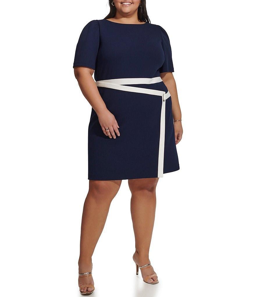 DKNY by Donna Karan Plus Size Short Sleeve Boat Neck Wrap Skirt Scuba Crepe Dress Product Image