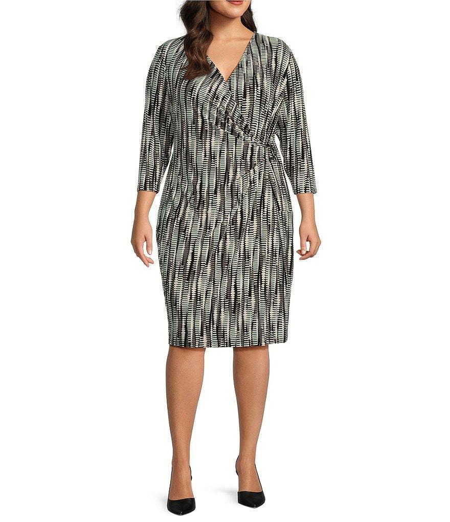 Kasper Plus Size Abstract Print Surplice V-Neckline 3/4 Sleeve Wrap Dress Product Image