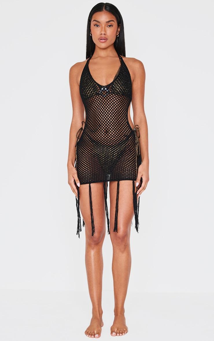 Black Crochet Tassel Cut Out Beach Dress Product Image