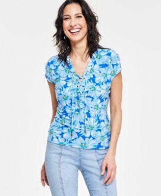 Women's Printed Lace-Up Front Top, Created for Macy's Product Image