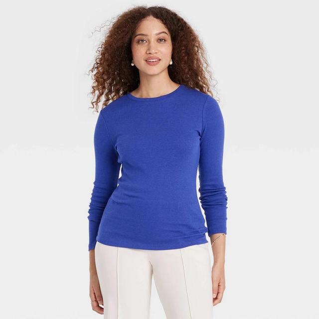 Womens Long Sleeve Ribbed T-Shirt - A New Day Blue M Product Image