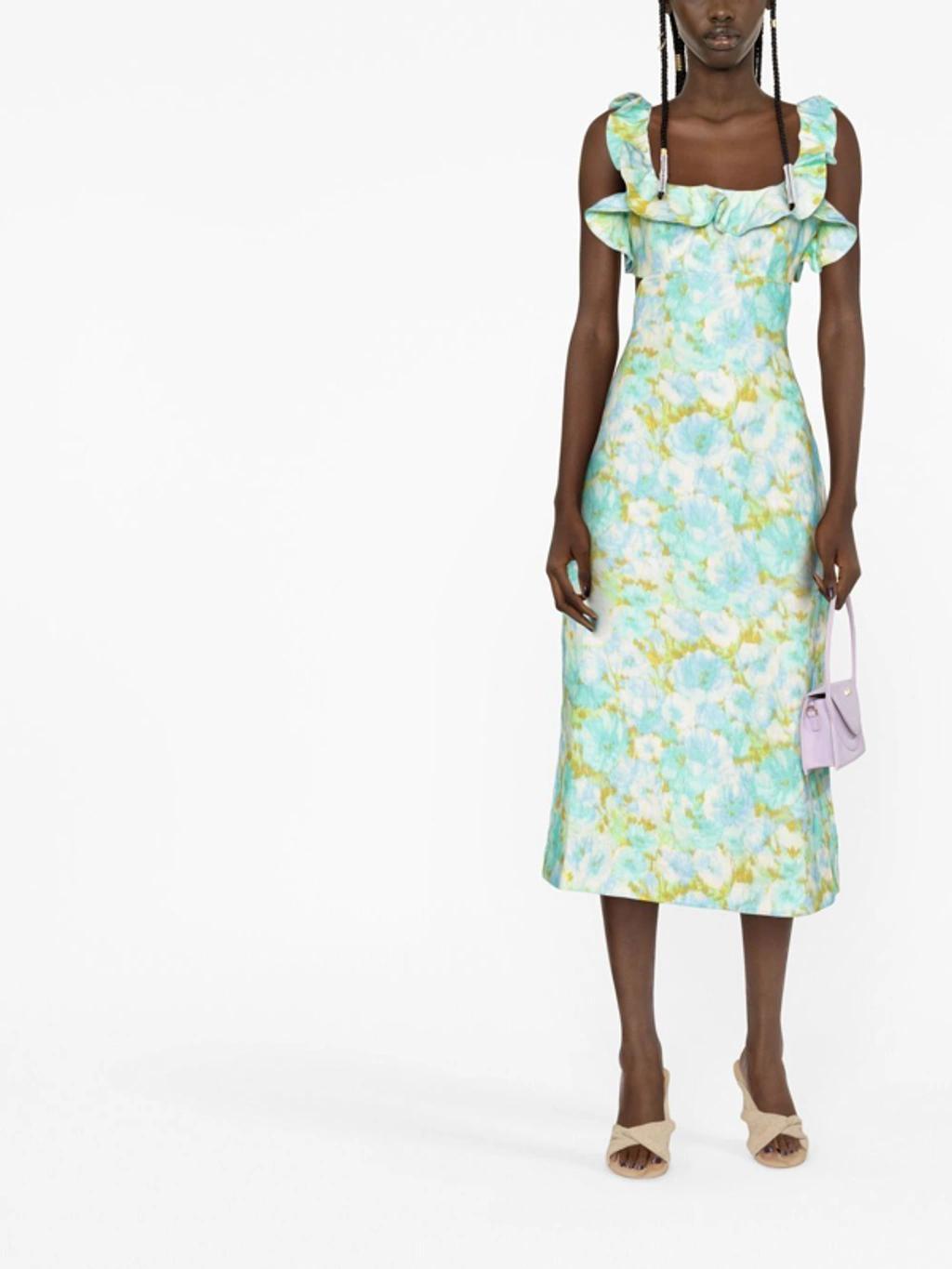 ZIMMERMANN High Tide Open-back Ruffled Floral-print Linen Midi Dress In Aqua Ikat Floral Product Image