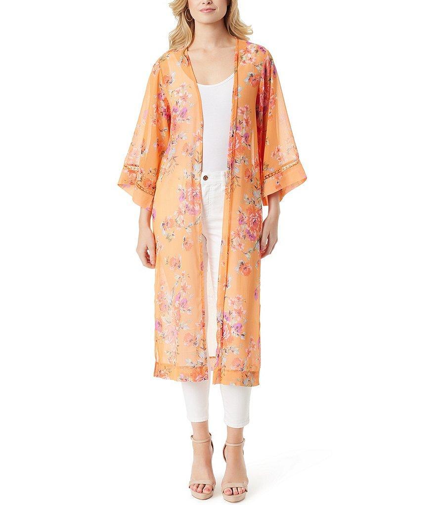 Jessica Simpson Caelan Floral Print 3/4 Sleeve Side Slit Hem Long Kimono Product Image