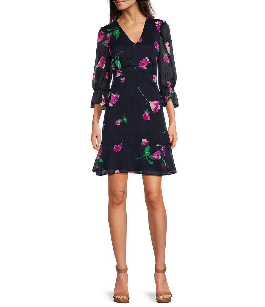 DKNY by Donna Karan Floral Print V-Neck 3/4 Ruffled Sleeve Dress Product Image