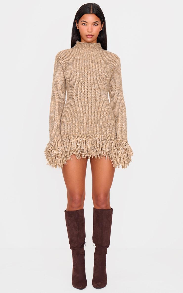 Mocha Chunky Knitted Fringe Hem Long Sleeve Sweater Dress Product Image