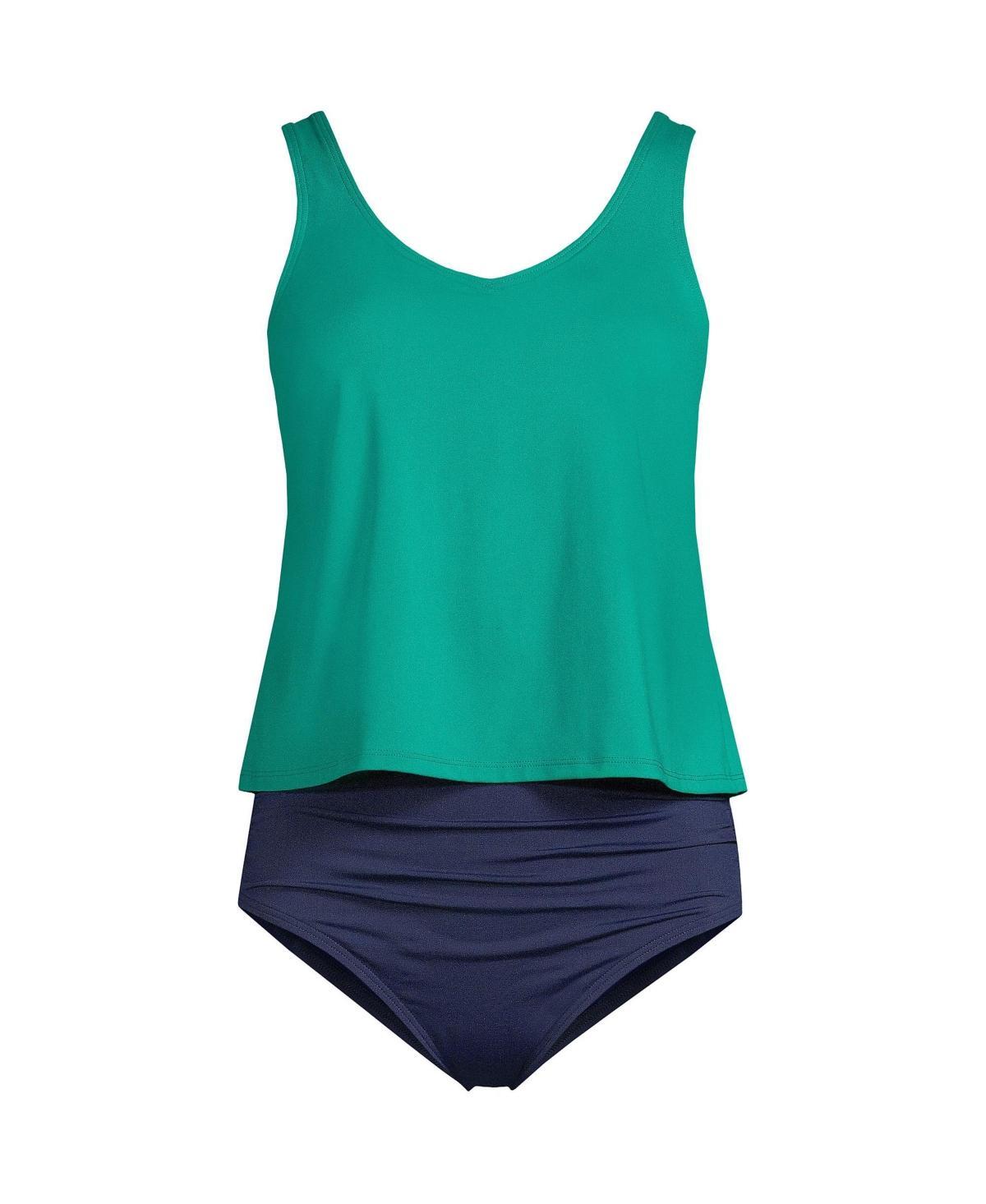 Lands End Womens V-neck One Piece Fauxkini Swimsuit Faux Tankini Top - Island emerald Product Image