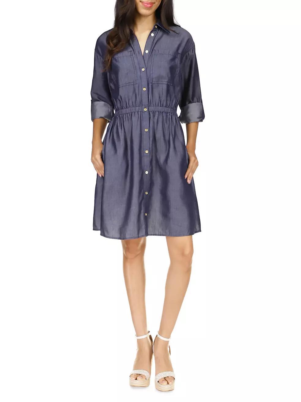 Cotton-Blend Roll-Sleeve Mini Shirtdress Product Image