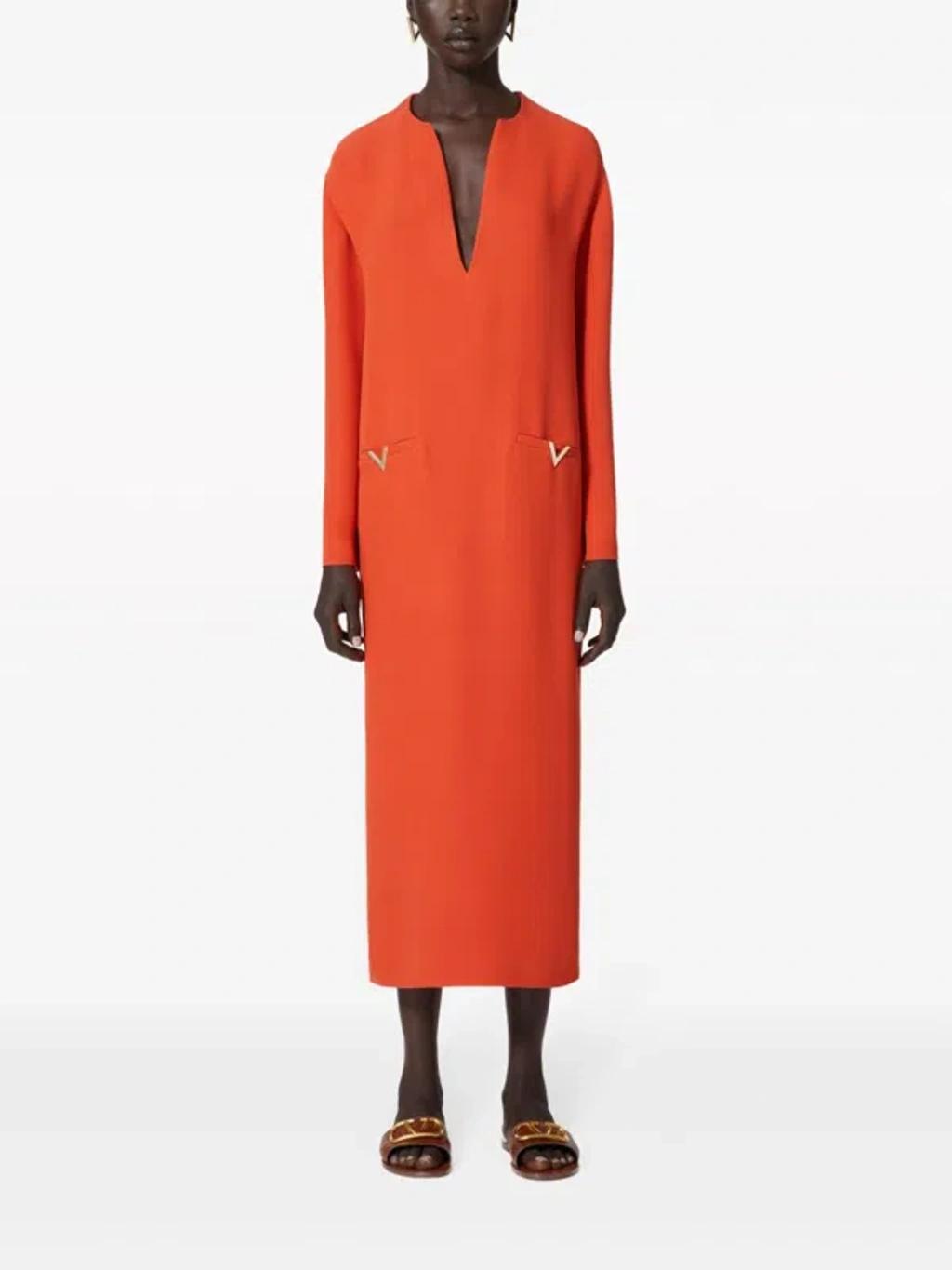 V Gold Crepe Midi Dress In Orange Product Image