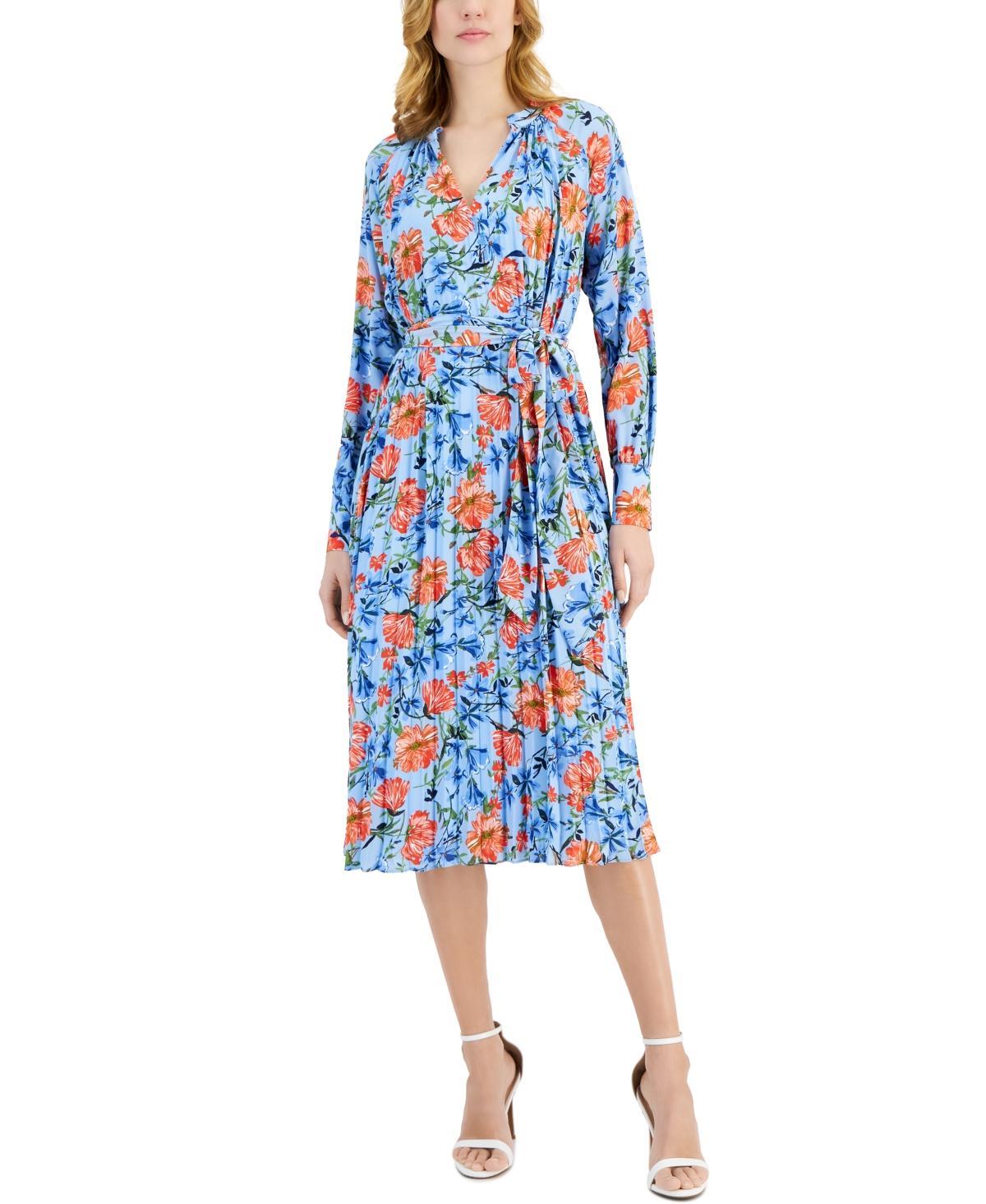 Women's Floral-Print Tie-Waist Split-Neck Pleated Midi Dress Product Image