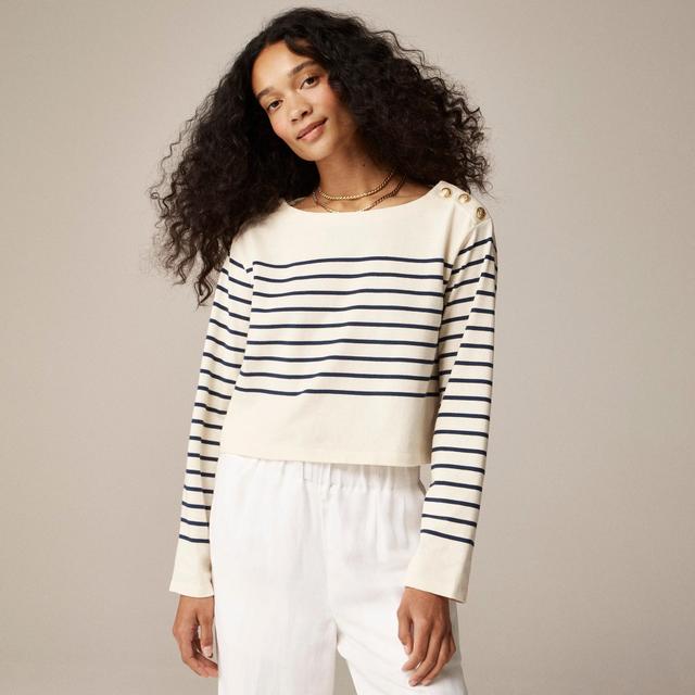 Cropped boatneck T-shirt with buttons in mariner cotton Product Image