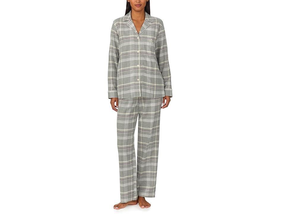 Lauren Ralph Lauren Lauren Ralph Lauren Long Sleeve Brushed Twill Notch Collar Pajama Set (Grey Heather) Women's Pajama Sets Product Image