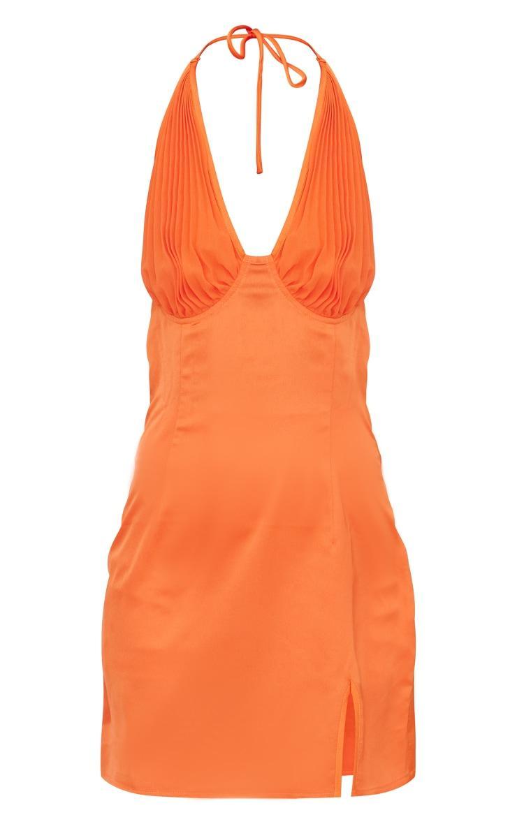 Bright Orange Satin Pleated Bust Detail Halter Shift Dress Product Image