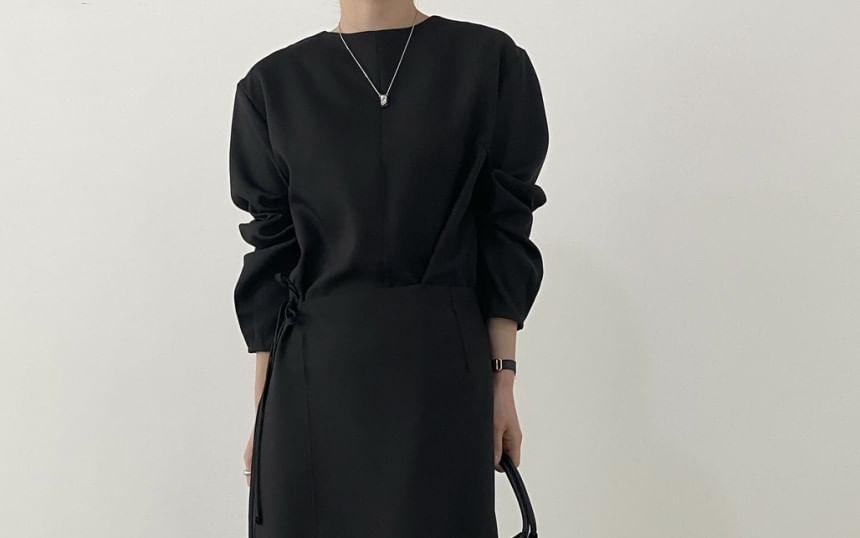 Set: Long-Sleeve Plain Top + High Rise Asymmetrical Maxi Skirt Product Image