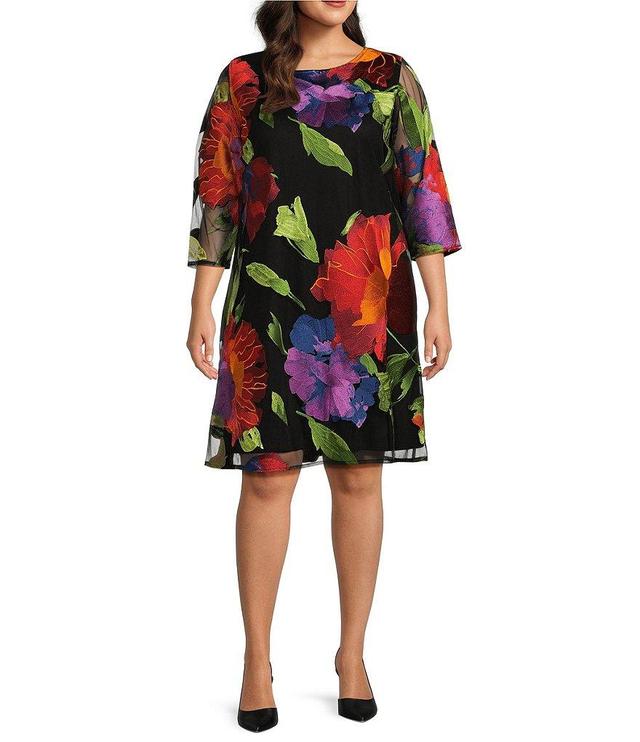 Caroline Rose Plus Size Flower Burst Embroidered Mesh Round Neck 3/4 Sleeve A-Line Dress Product Image