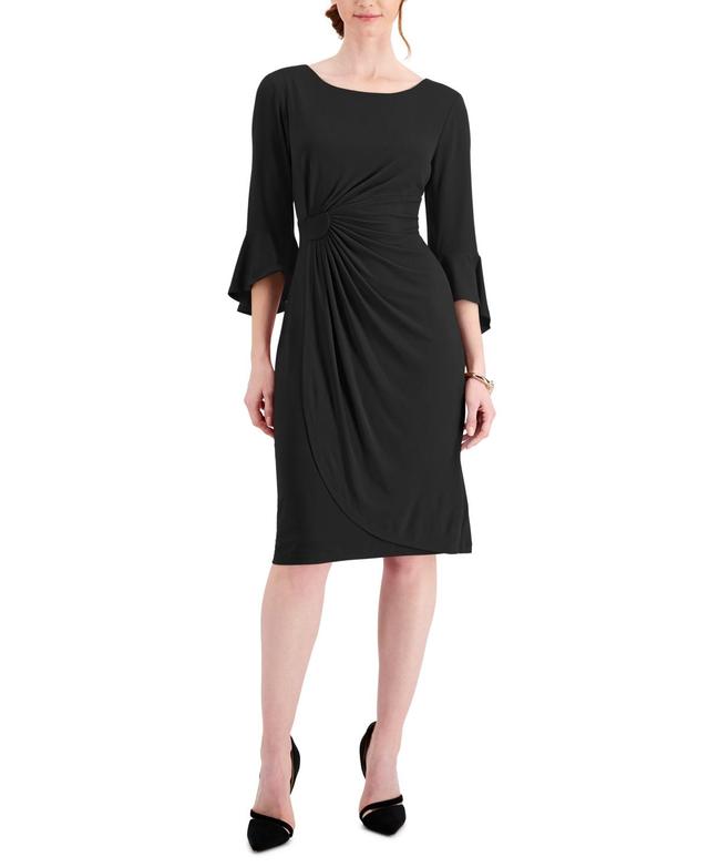 Womens Connected Apparel Bell Sleeve Faux Wrap Dress Black Product Image