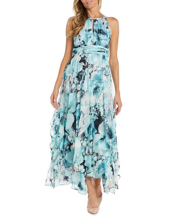 R & M Richards Sleeveless Halter Keyhole Neck Floral Printed Chiffon Dress Product Image