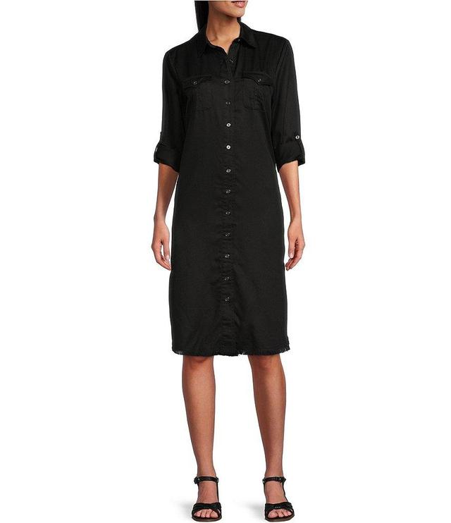 Reba Annie Point Collar 3/4 Roll-Tab Sleeve Button Front Frayed Hem Shirt Dress Product Image