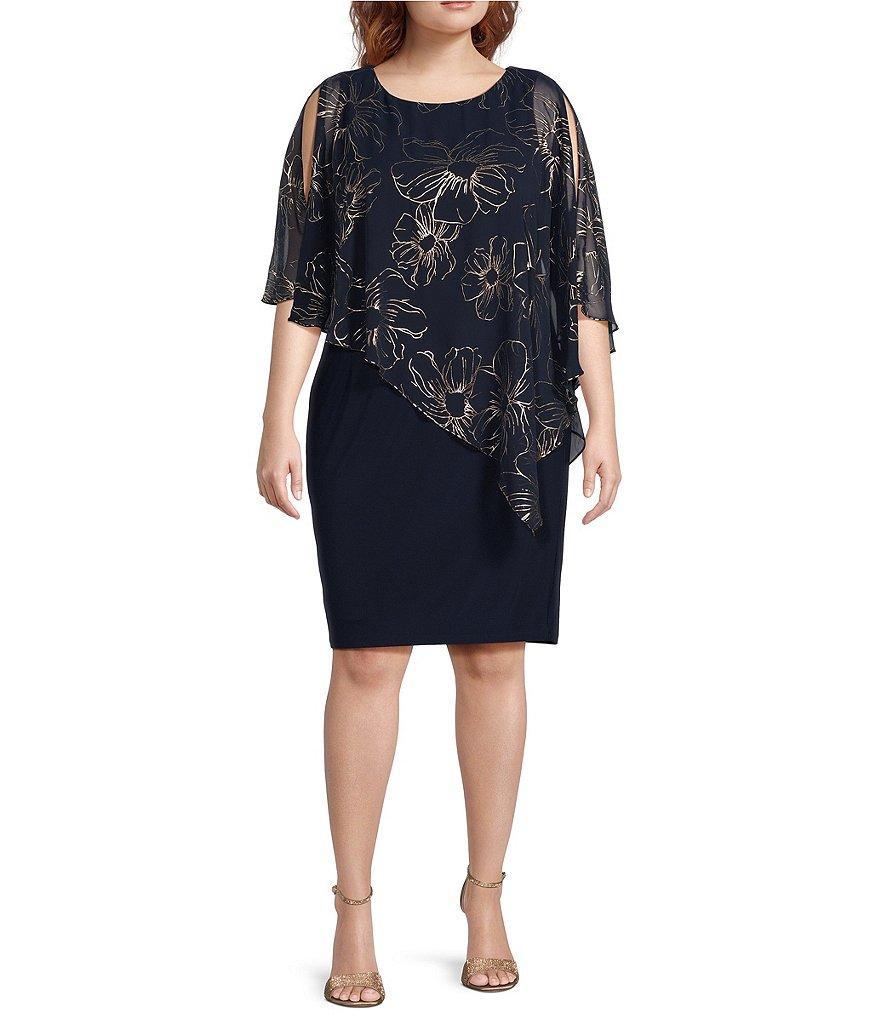 Ignite Evenings Plus Size Asymmetric Chiffon Floral Print Overlay Beaded Trim Sheath Dress Product Image