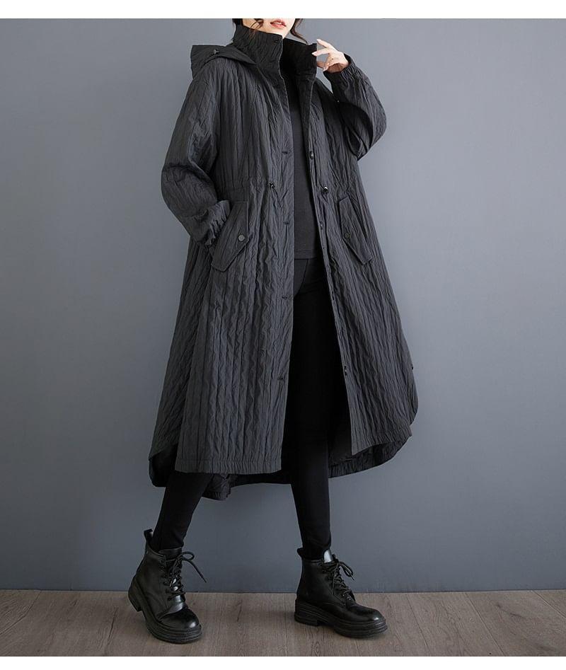 Stand Collar Plain Drawstring-Waist Hood Midi Button Trench Coat Product Image