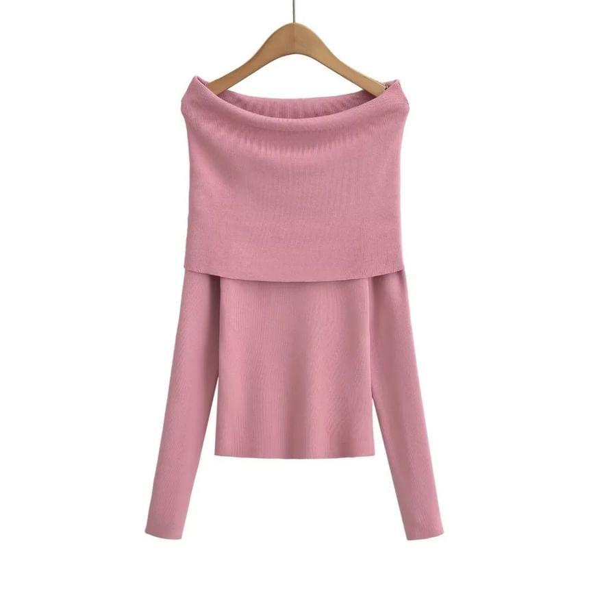 Long-Sleeve Off Shoulder Plain Knit Top Product Image