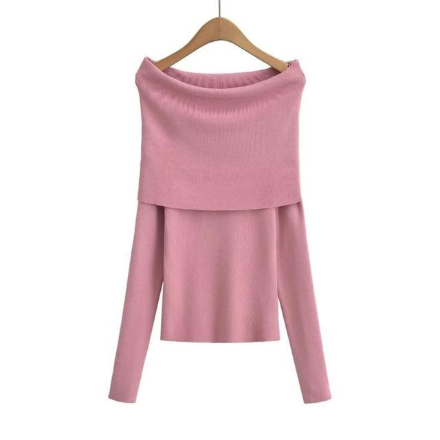 Long-Sleeve Off Shoulder Plain Knit Top Product Image