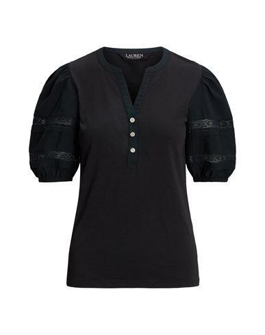 LAUREN RALPH LAUREN Lace-trim Jersey Puff-sleeve Henley Tee In Black Product Image