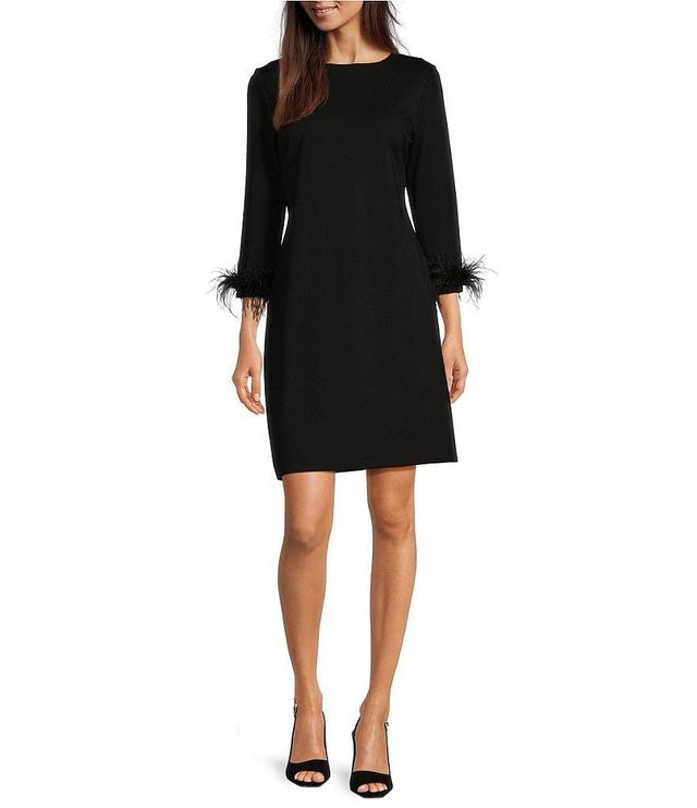 Jude Connally Franca Ponte Round Neck 3/4 Sleeve Feather Cuff Dress Product Image