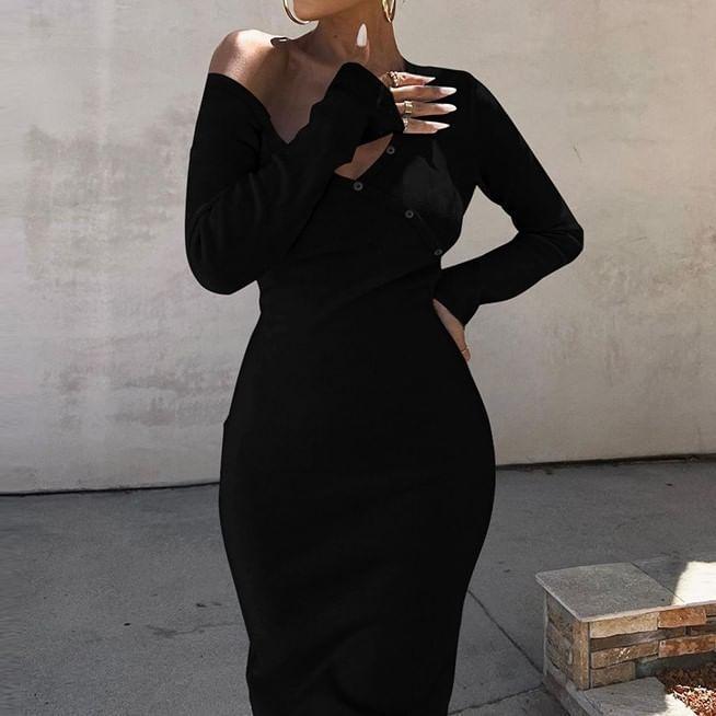 Long-Sleeve Off-Shoulder Plain Button Accent Slit Maxi Bodycon Dress Product Image