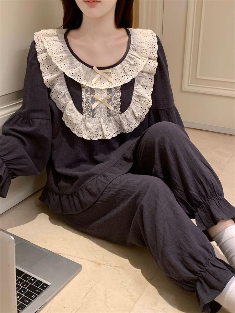 Pajama Set: Long Sleeve Round Neck Bow Ruffle Panel Blouse + Elastic Waist Straight Leg Pants Product Image