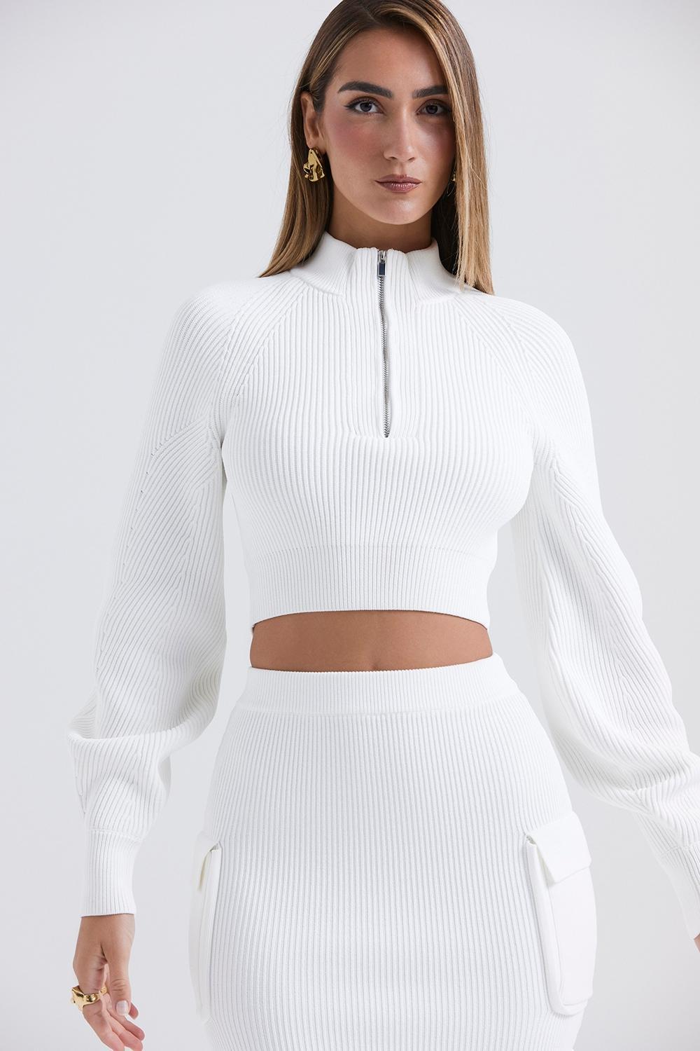 Reeva White Balloon Sleeve Ribbed Sweater Product Image