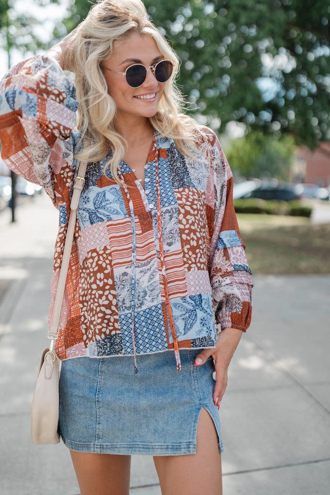 Outlook On Life Brown Multi Patchwork Printed Blouse Product Image